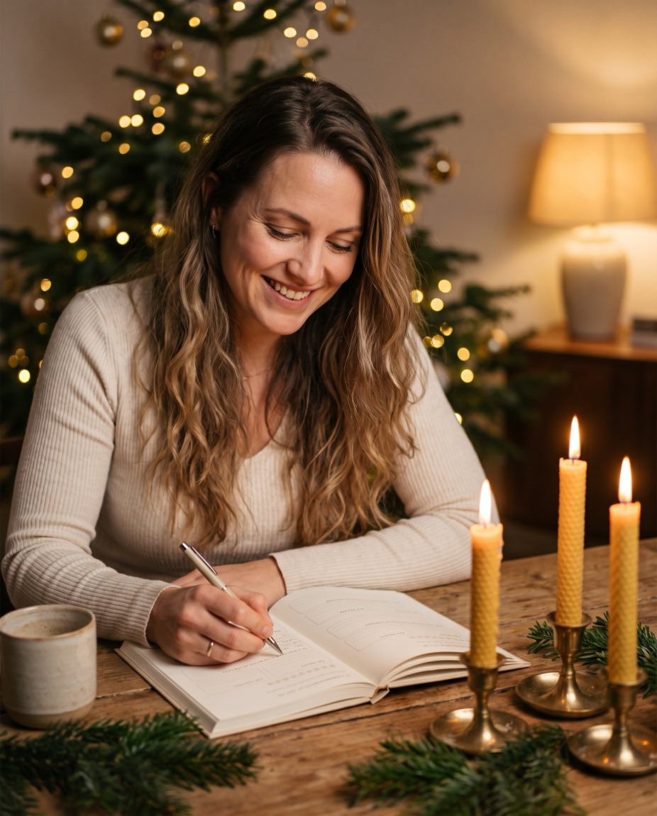 Eine Frau schreibt bei Kerzenlicht lächelnd in ihr aufgeschlagenes Buch, im Hintergrund Weihnachtsbaum und warmes Lampenlicht