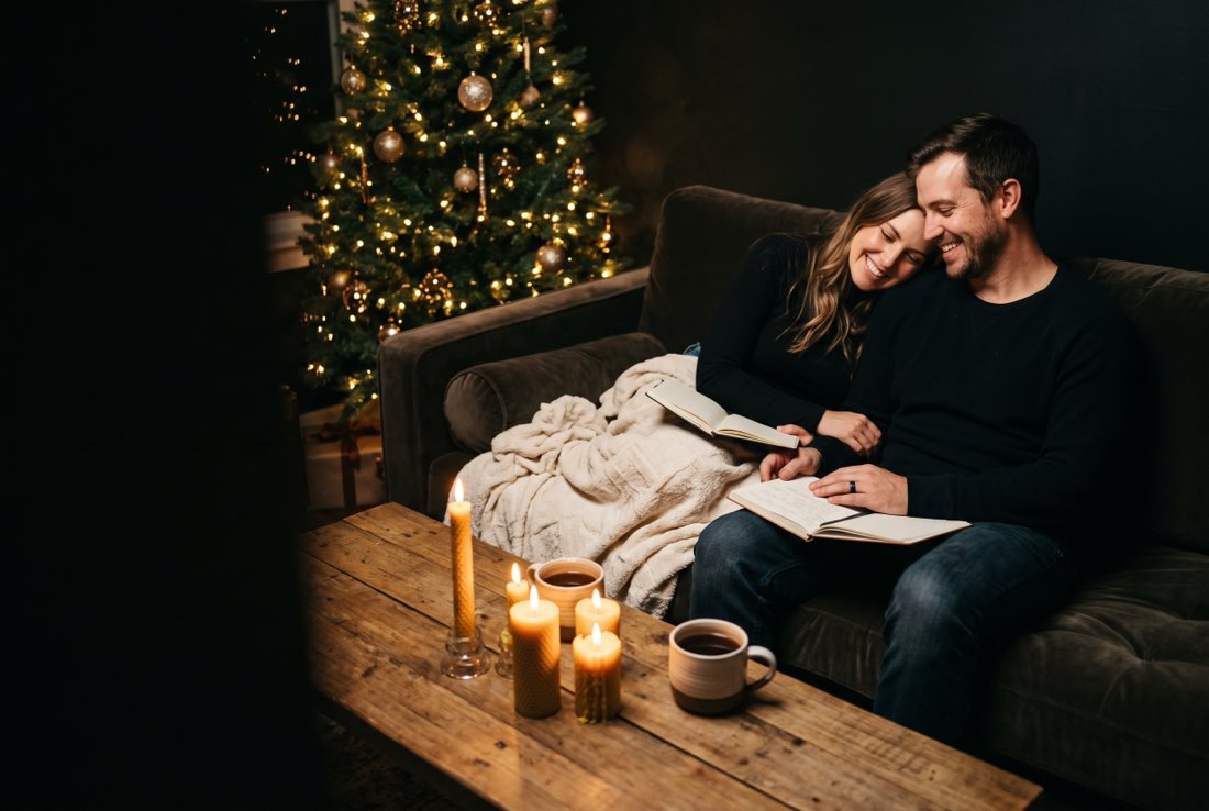Ein Paar sitzt bei Kerzenlicht eng nebeneinander vor dem Weihnachtsbaum, beide mit einem aufgeschlagenen Buch