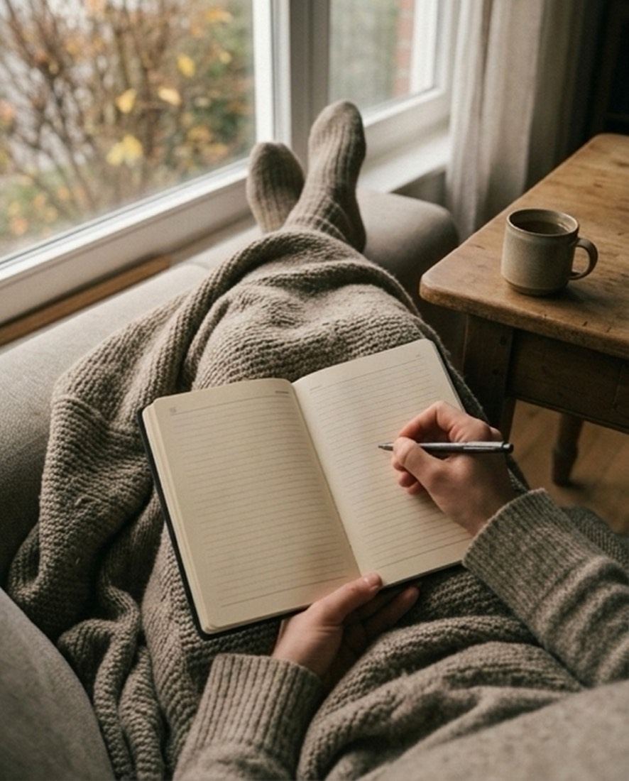 Beine unter einer Wolldecke, das aufgeschlagene Buch auf dem Schoß, daneben eine Tasse