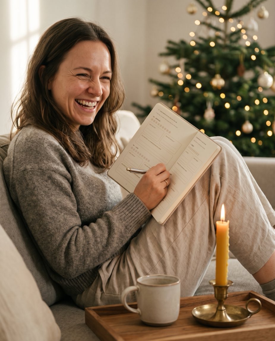 Eine Frau sitzt lachend auf dem Sofa und schreibt in das aufgeschlagene Buch auf ihren Knien