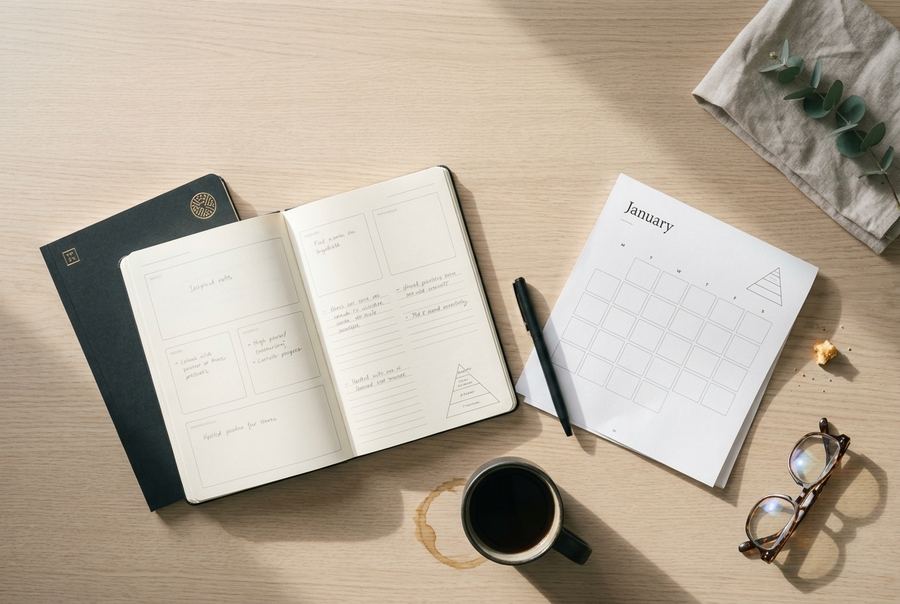 Das Buch neben einem Januarkalender, Kaffee und einer Brille