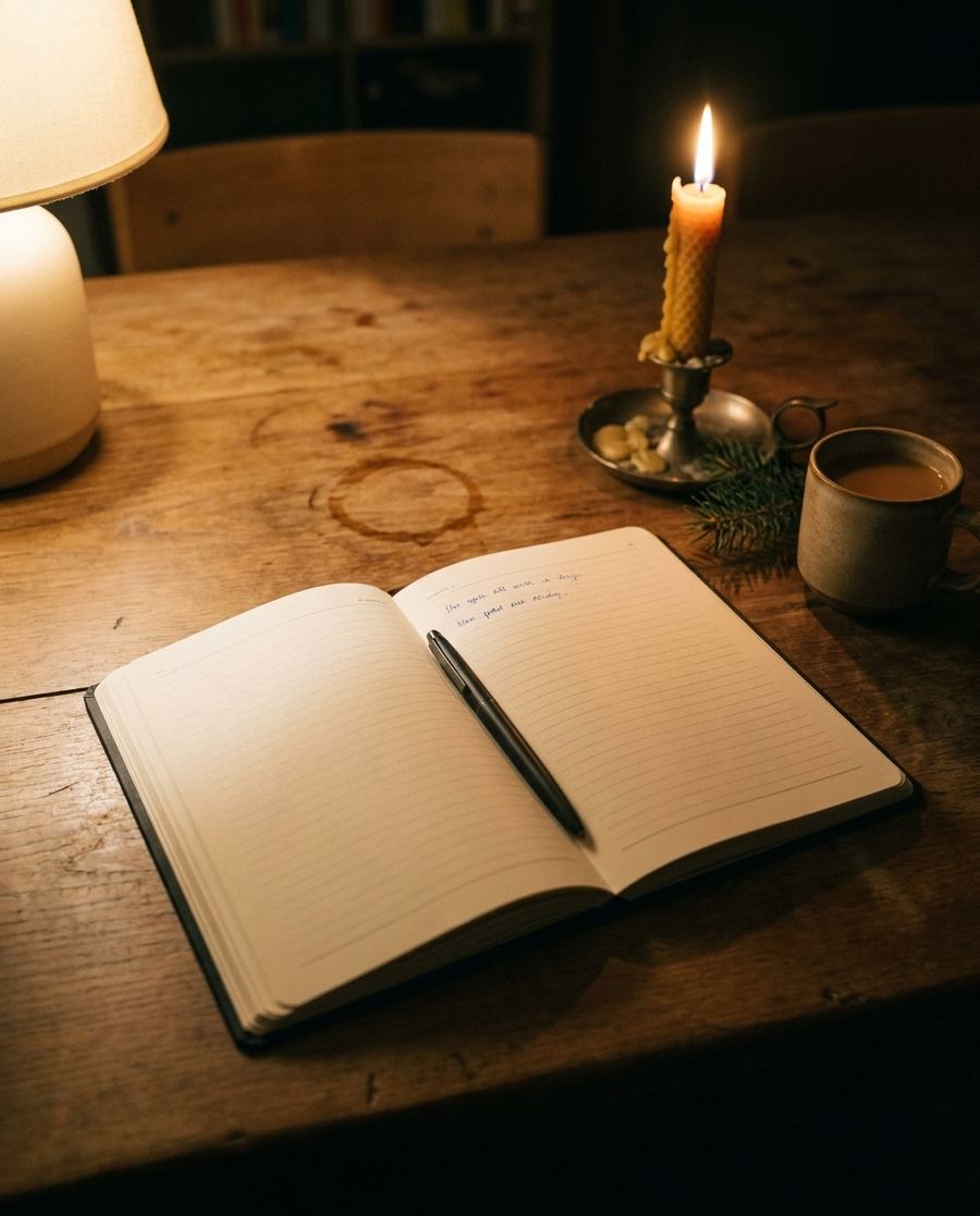 Aufgeschlagenes Buch bei Kerzenlicht auf einem Holztisch