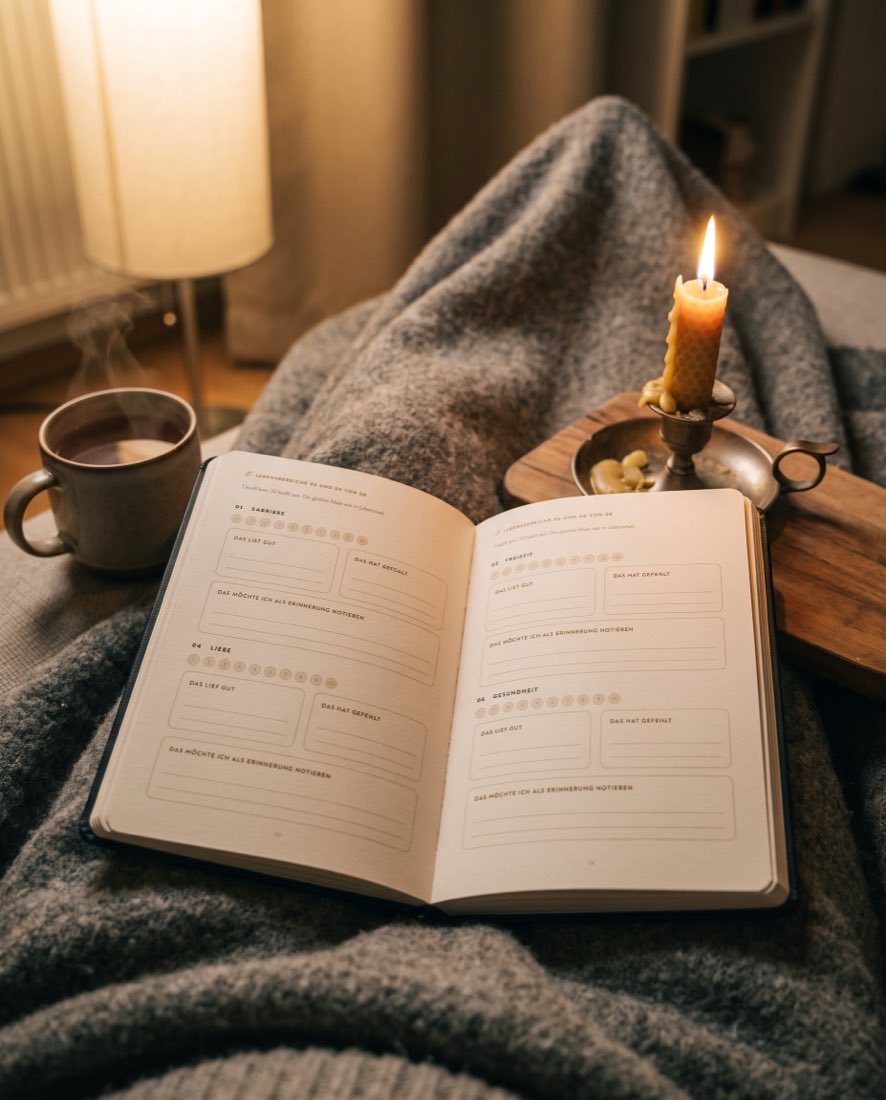 Das aufgeschlagene Buch auf dem Schoß unter einer Wolldecke, daneben eine Kerze und eine Tasse Tee