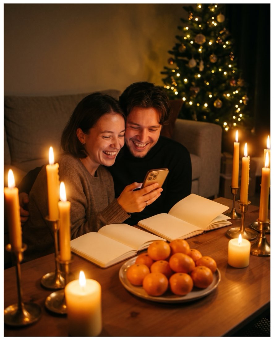 Zwei Menschen gehen bei Kerzenlicht am Tisch gemeinsam Fotos auf dem Handy durch, daneben zwei aufgeschlagene Bücher