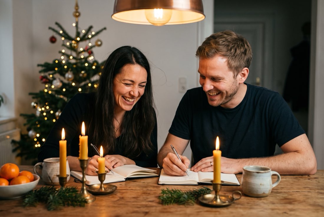 Ein Paar schreibt lachend bei Kerzenlicht am Küchentisch in zwei Bücher, im Hintergrund ein Weihnachtsbaum